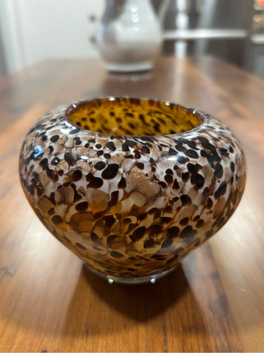Murano Style Tortoise Gold Fleck Hand Blown Glass Vase